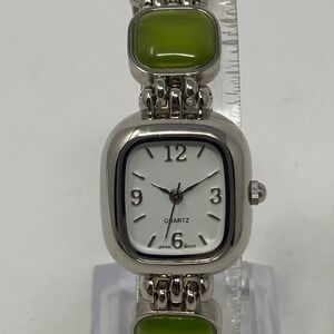 Green Cats Eye Watch Women 22mm Silver Tone White Dial New Battery 6.25"